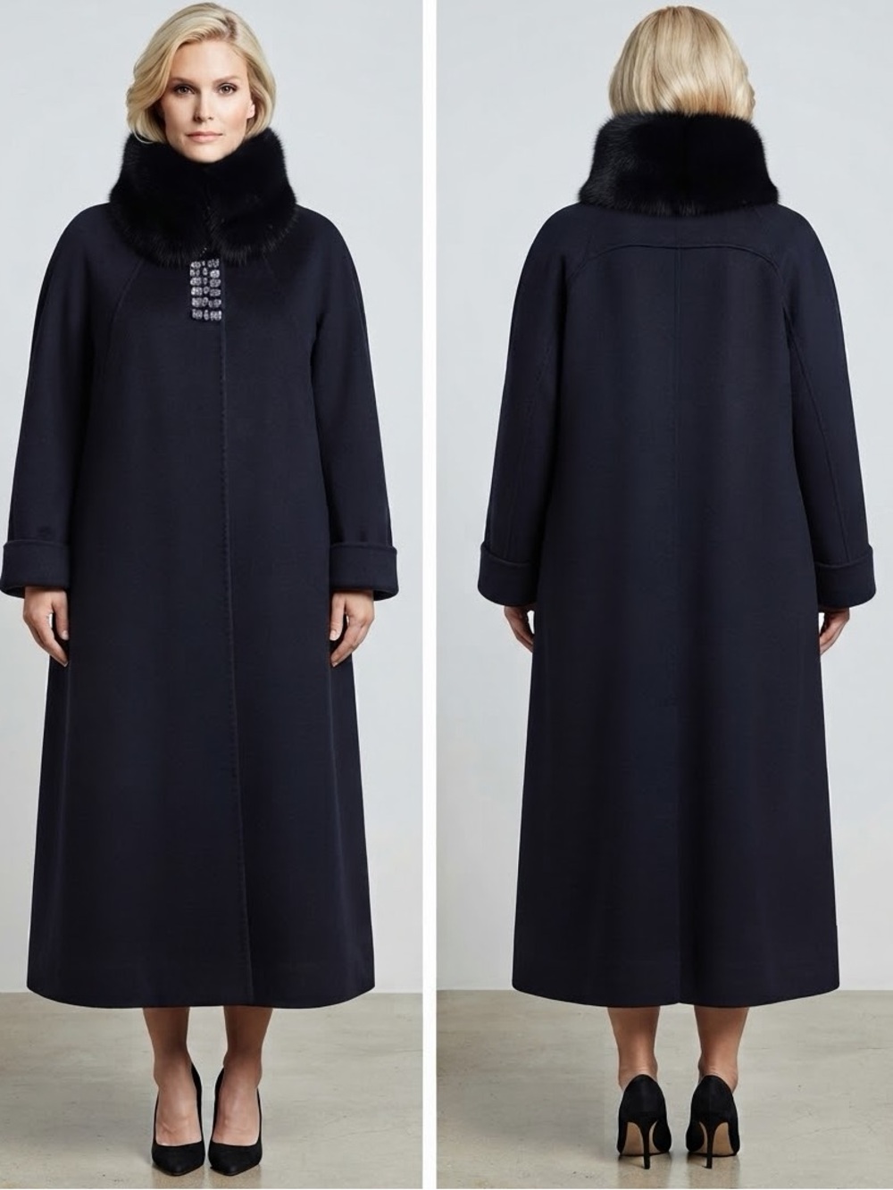 WOMEN PLUS SIZE LONG COAT CASHMERE BLEND NAVY REAL FUR‎ RAGLAN SLEEVES OVERSIZED